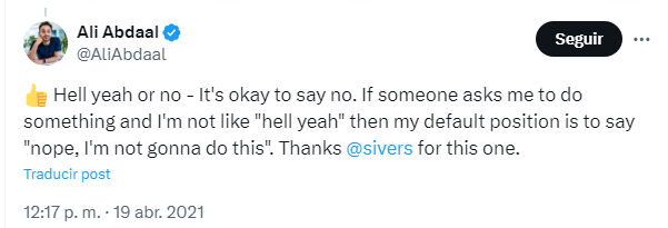 Tweet by AliAbdaal (Productivity Guru, explaining how he uses the "Hell Yeah" rule from Derek Sivers.